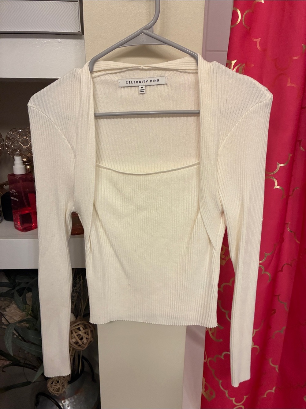Celebrity Pink Ivory Ribbed Long Sleeve Layered Top